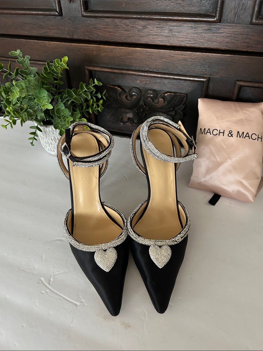 MACH & MACH Black Satin Pointed-Toe Heels with Crystal Heart